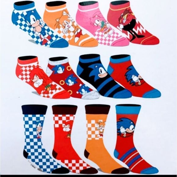 NEW SONIC THE HEDGEHOG BOX 12  pair of Men's Sock size 10-13, Shoe size 8-12 - Picture 2 of 5